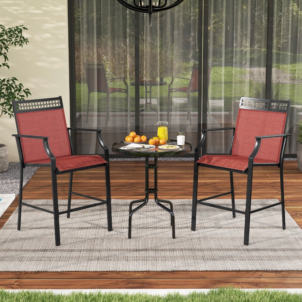 Outdoor Patio Chair Set of 2 with Footrest and High Back and Armrests-Red