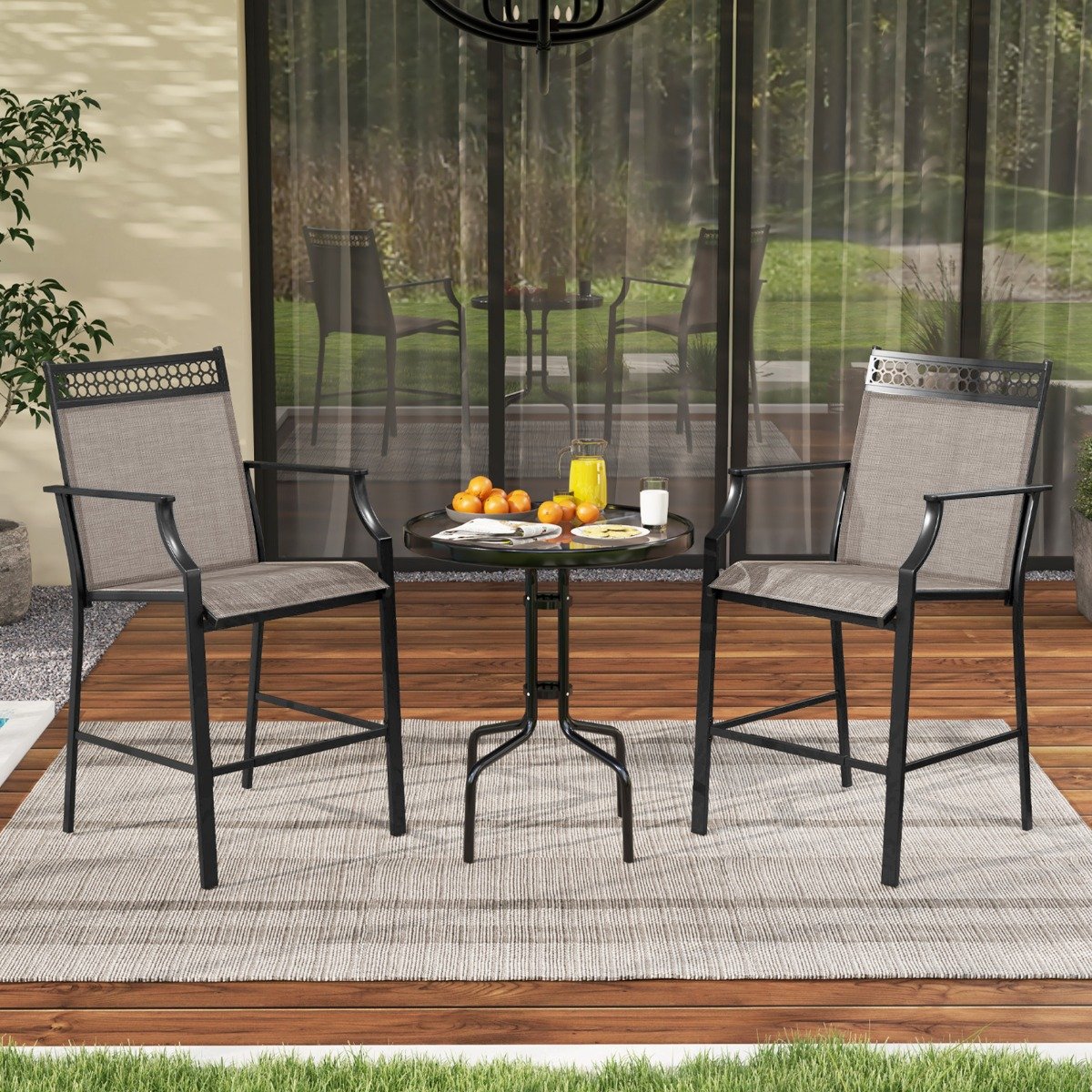 Outdoor Patio Chair Set of 2 with Footrest and High Back and Armrests-Grey
