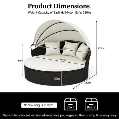 Outdoor Patio Round Daybed with Retractable Canopy and Cushions and Throw Pillows-White