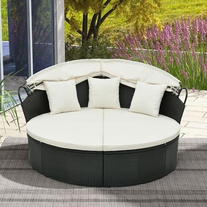 Outdoor Patio Round Daybed with Retractable Canopy and Cushions and Throw Pillows-White