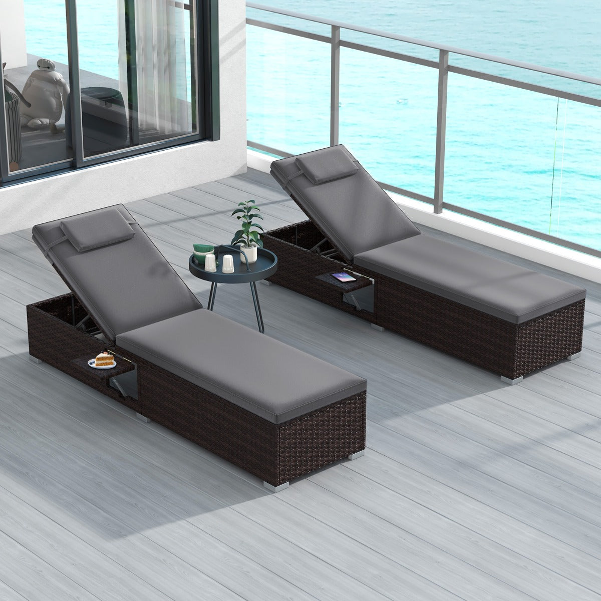 Outdoor PE Rattan Lounge Chair with 6-level Backrest and Comfy Seat Cushion-Grey