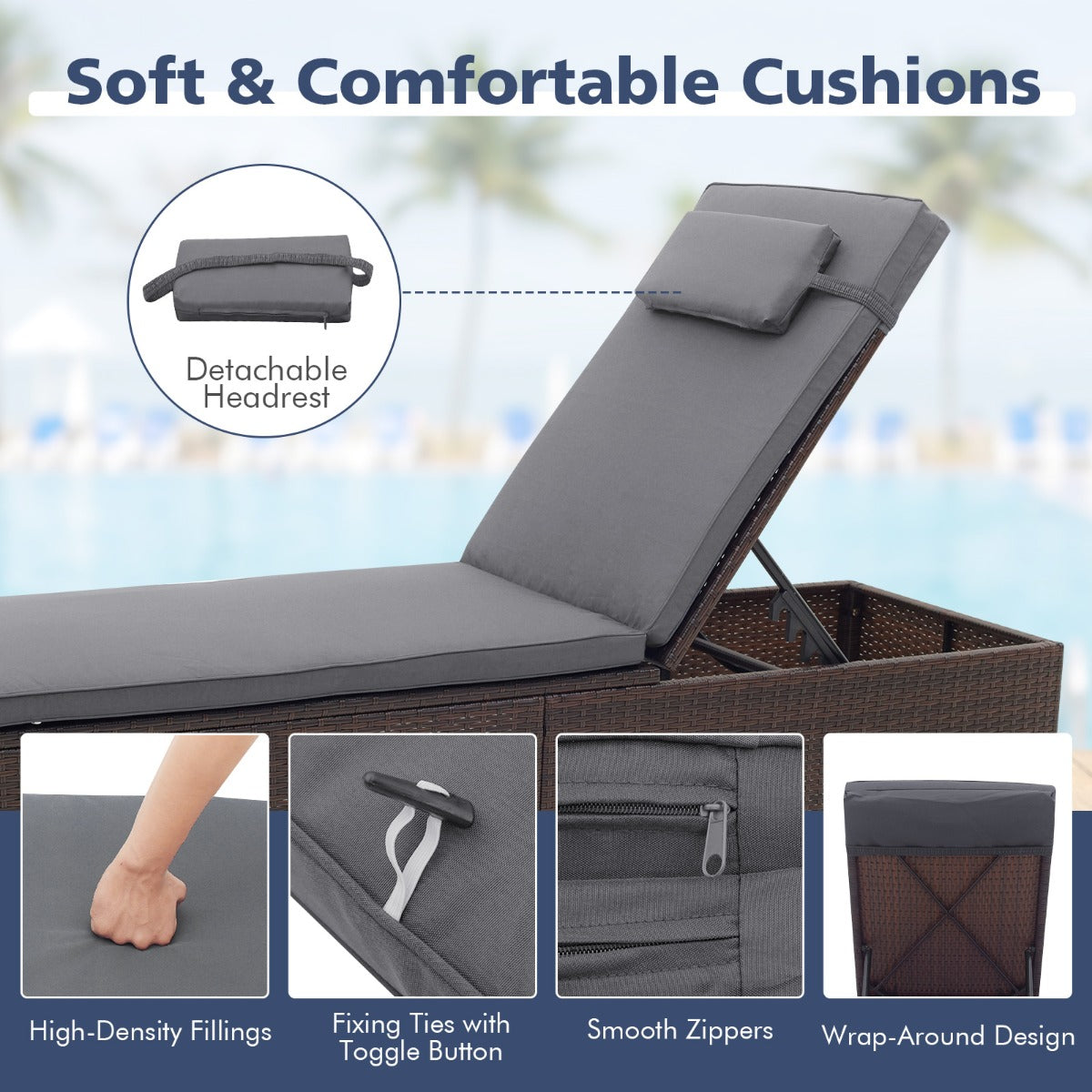 Outdoor PE Rattan Lounge Chair with 6-level Backrest and Comfy Seat Cushion-Grey