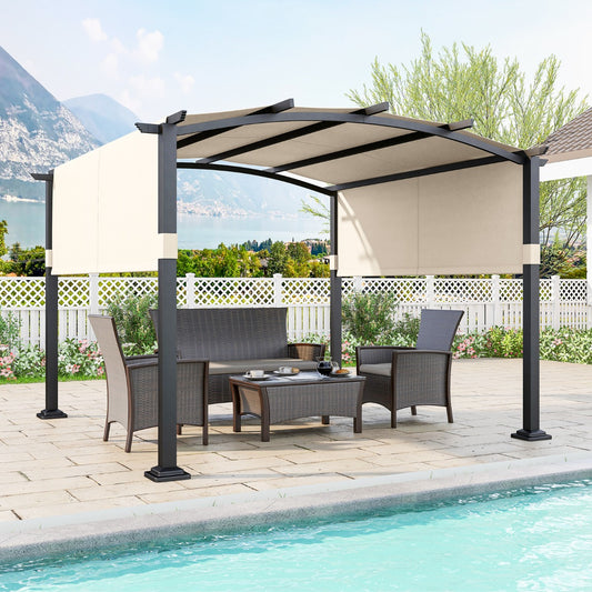 Outdoor Pergola with Retractable Sunshade Canopy and Anchored Plates-Beige