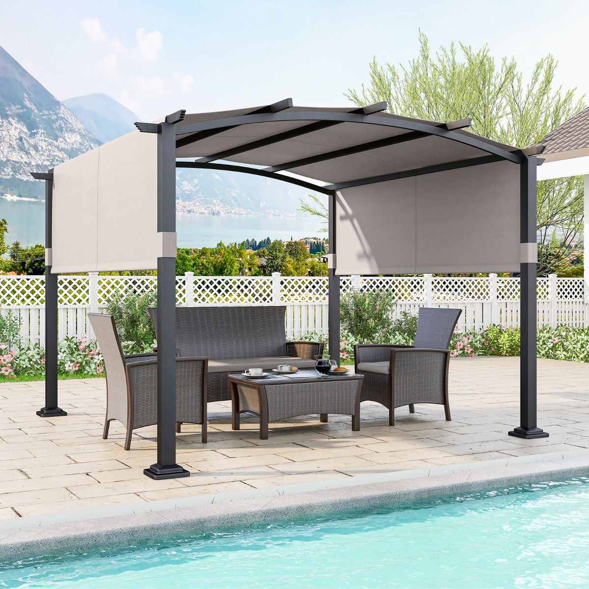 Outdoor Pergola with Retractable Sunshade Canopy and Anchored Plates-Grey