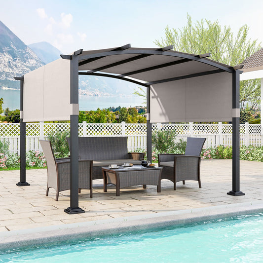 Outdoor Pergola with Retractable Sunshade Canopy and Anchored Plates-Grey