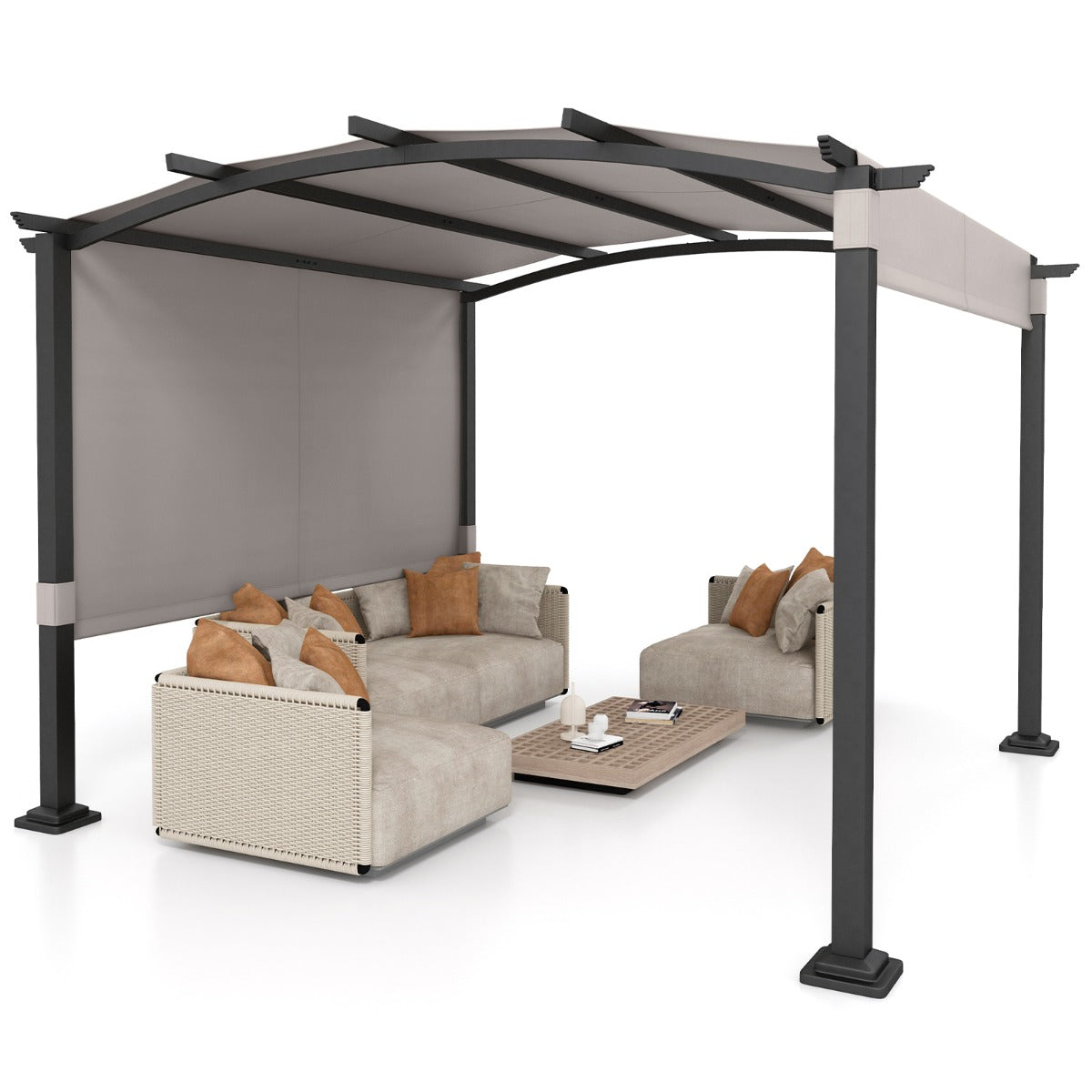 Outdoor Pergola with Retractable Sunshade Canopy and Anchored Plates-Grey