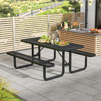 Outdoor Picnic Table &amp; Bench Set for 8 with Seats &amp; Mesh Grid-Black