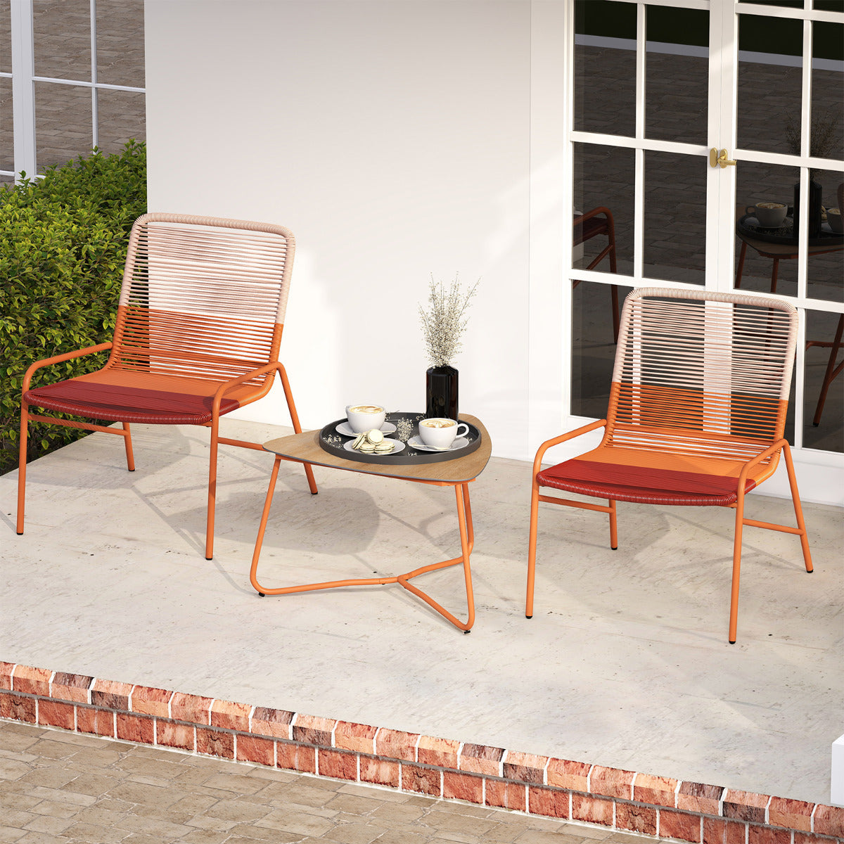 Outdoor Rattan Furniture Set with Gradient Chairs and Wood-Plastic Side Table-Orange