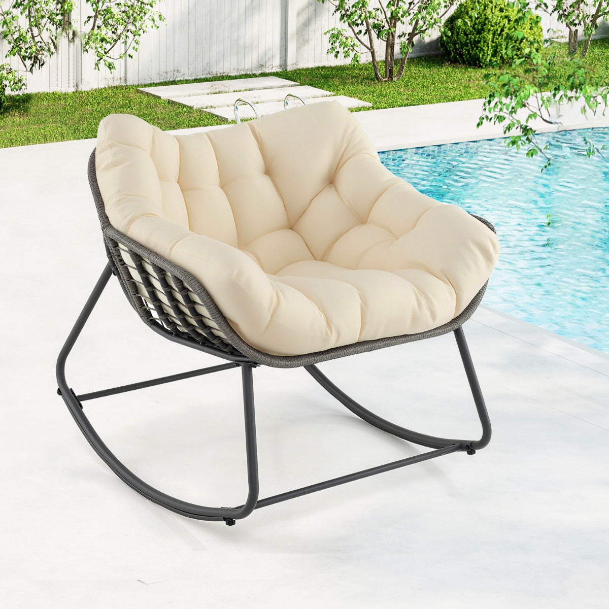 Outdoor Rocking Chair with Thick and Removable Cushion-Beige