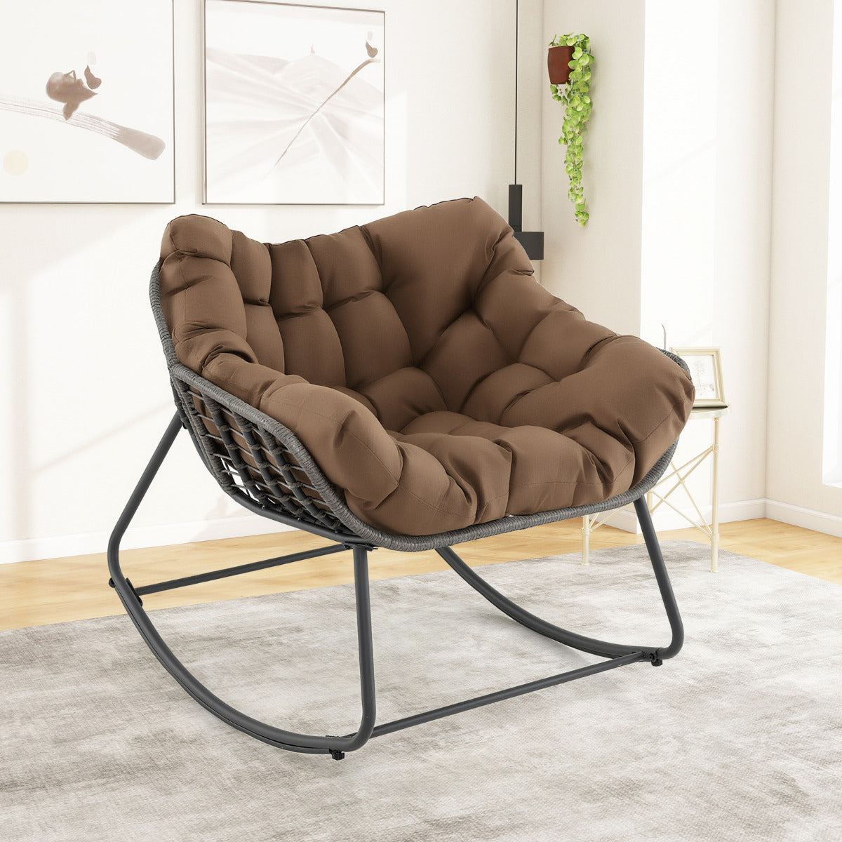 Outdoor Rocking Chair with Thick and Removable Cushion-Coffee