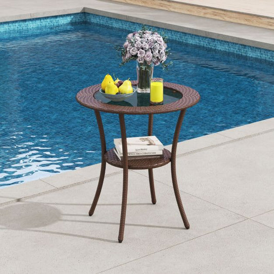 Outdoor Round Dining Table Patio Bistro Table with Tempered Glass Tabletop