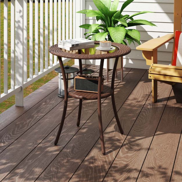 Outdoor Round Dining Table Patio Bistro Table with Tempered Glass Tabletop