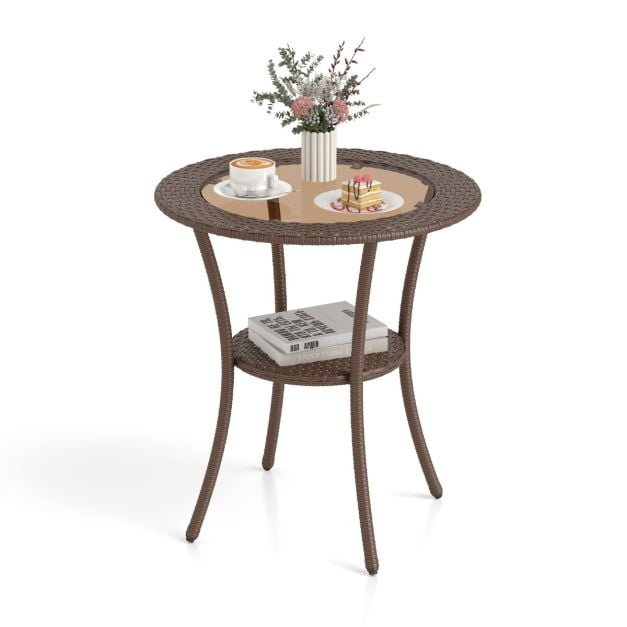 Outdoor Round Dining Table Patio Bistro Table with Tempered Glass Tabletop