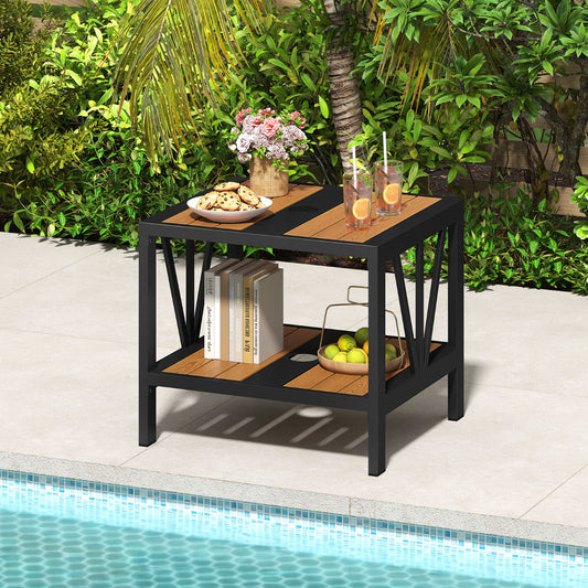 Outdoor Side Table with 4 CM Umbrella Hole and Storage Shelf