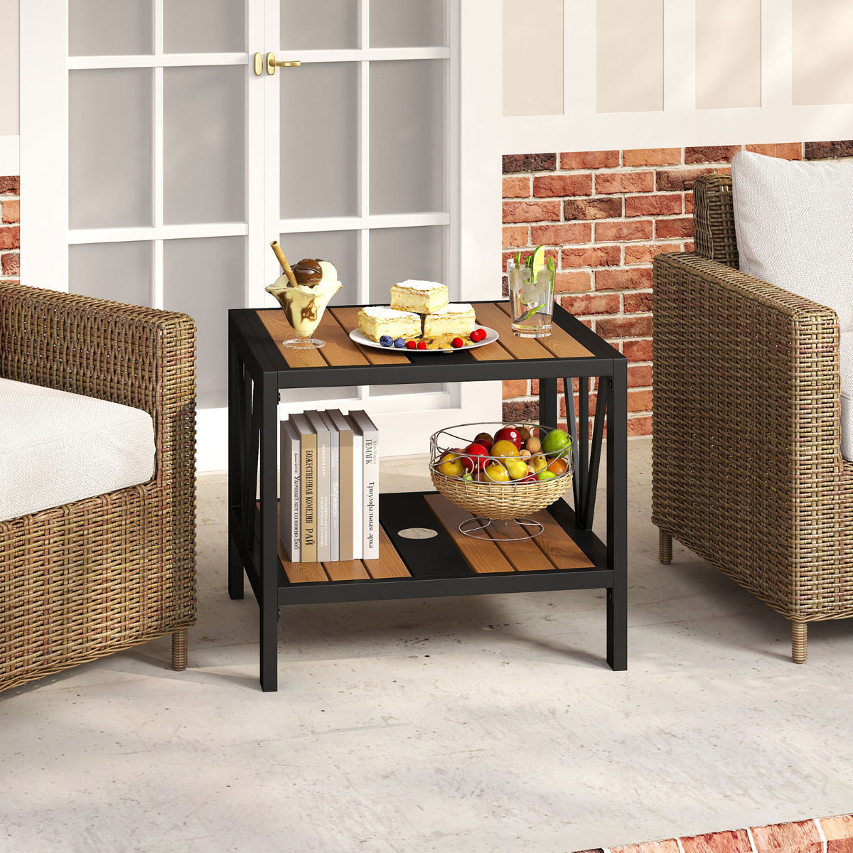 Outdoor Side Table with 4 CM Umbrella Hole and Storage Shelf