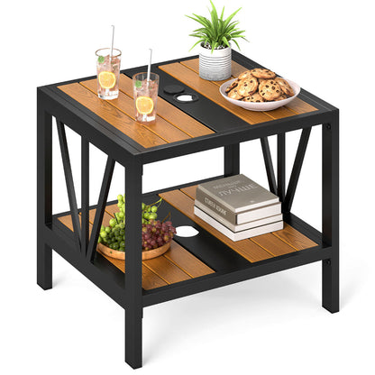 Outdoor Side Table with 4 CM Umbrella Hole and Storage Shelf