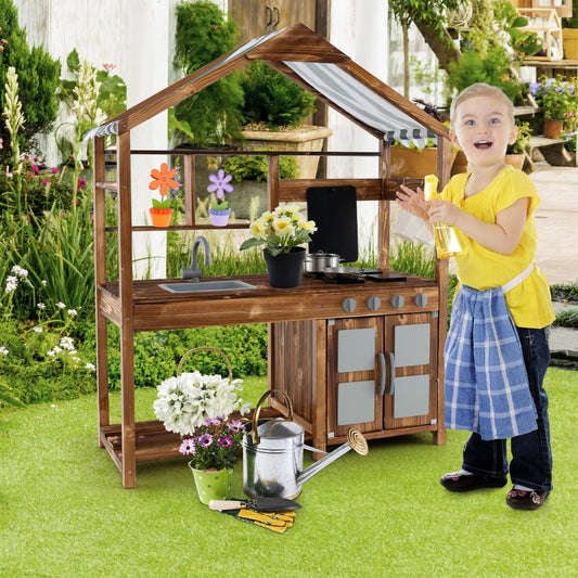 Outdoor Solid Wood Mud Kitchen with Canopy and Rotatable Faucet-Natural