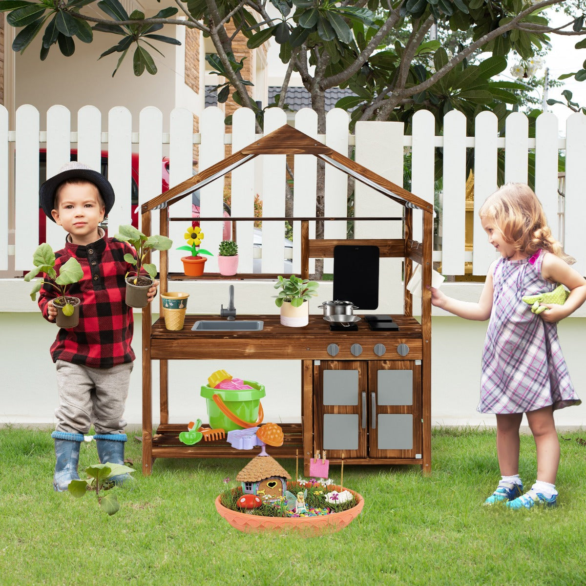 Outdoor Solid Wood Mud Kitchen with Canopy and Rotatable Faucet-Natural