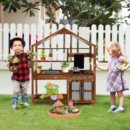 Outdoor Solid Wood Mud Kitchen with Canopy and Rotatable Faucet-Natural