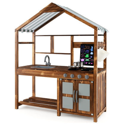 Outdoor Solid Wood Mud Kitchen with Canopy and Rotatable Faucet-Natural
