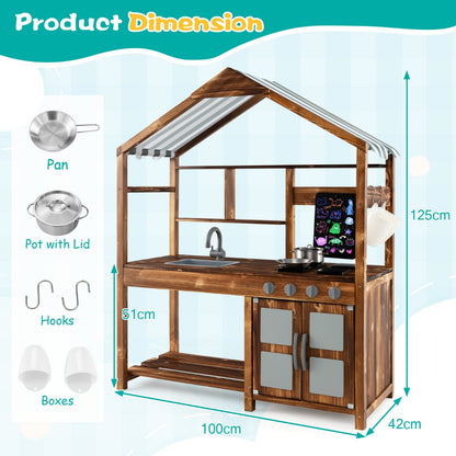 Outdoor Solid Wood Mud Kitchen with Canopy and Rotatable Faucet-Natural