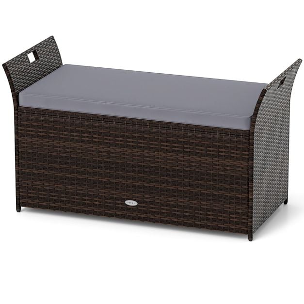 Outdoor Storage Bench with Hand-woven PE Rattan Wicker and Side Handles-Grey