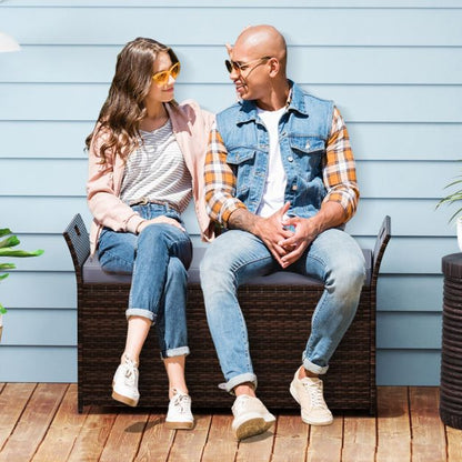 Outdoor Storage Bench with Hand-woven PE Rattan Wicker and Side Handles-Grey