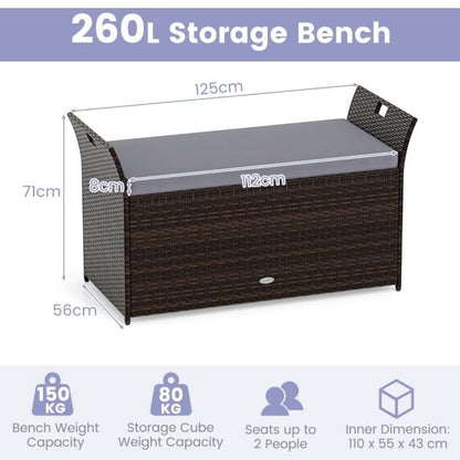 Outdoor Storage Bench with Hand-woven PE Rattan Wicker and Side Handles-Grey