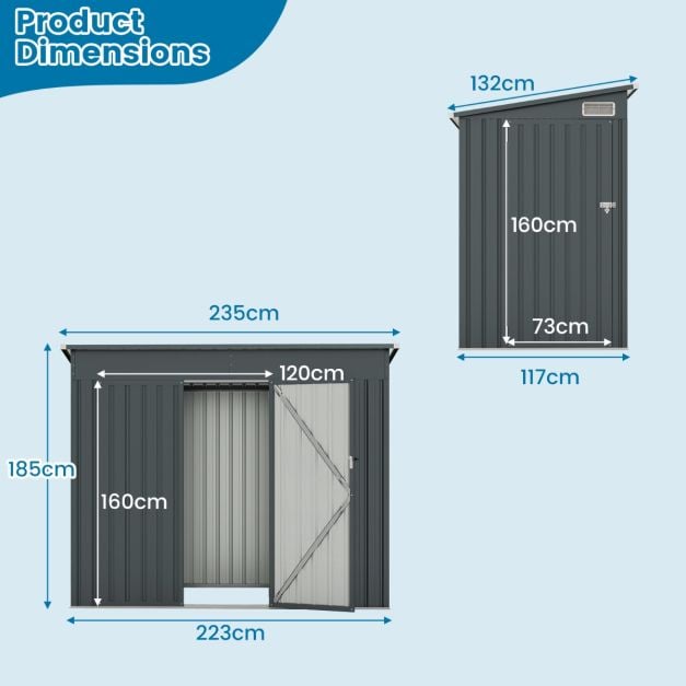 Outdoor Garden Shed Garden Tool Shed with 2 Doors Slanted Design Vents Galvanized Metal Frame 235x117x185cm Dark Grey