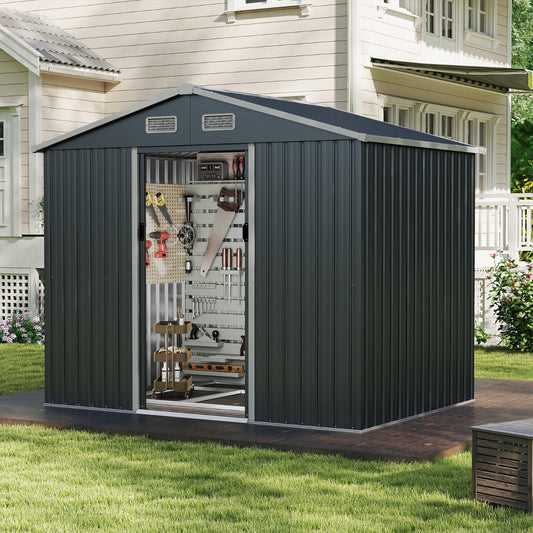 Outdoor Storage Shed with Sloping Top and Sliding Doors-Grey