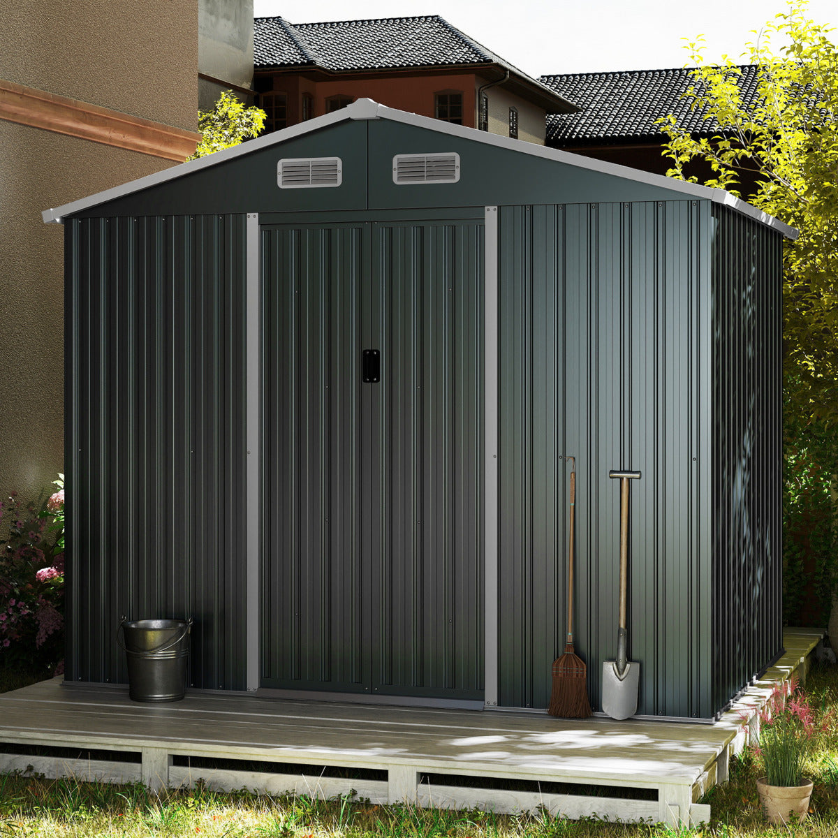 Outdoor Storage Shed with Sloping Top and Sliding Doors-Grey