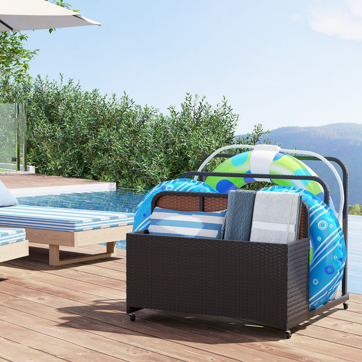 Outdoor Wicker Patio Pool Float Storage Organizer for Floaties-Brown