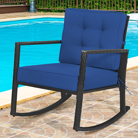Outdoor Wicker Rocking Chair with Heavy-Duty Steel Frame-Navy