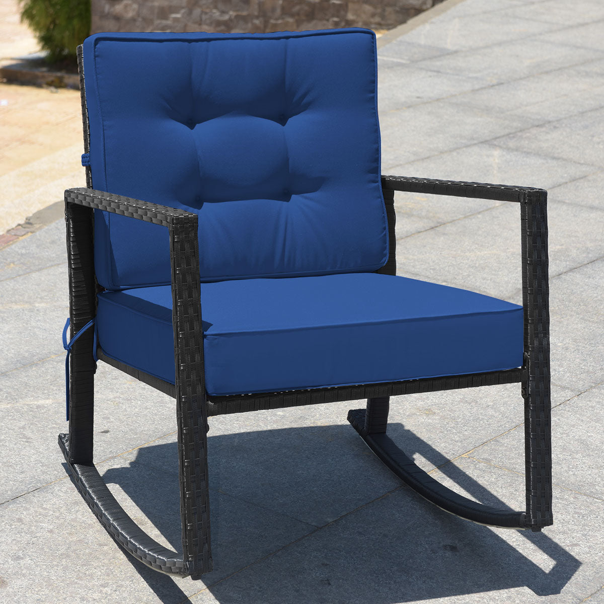 Outdoor Wicker Rocking Chair with Heavy-Duty Steel Frame-Navy