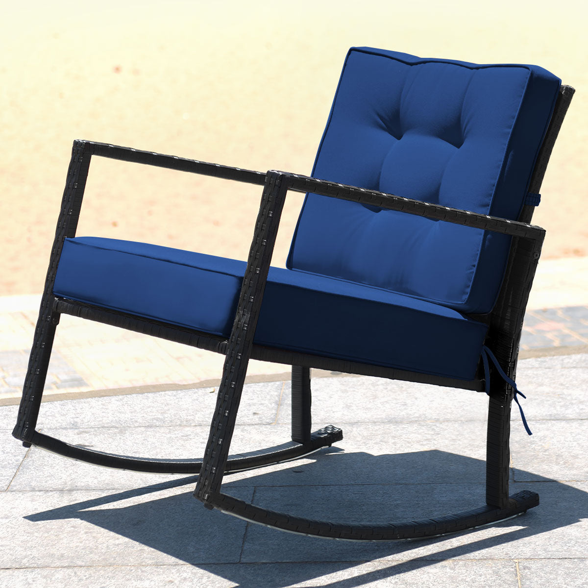 Outdoor Wicker Rocking Chair with Heavy-Duty Steel Frame-Navy