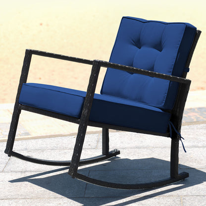 Outdoor Wicker Rocking Chair with Heavy-Duty Steel Frame-Navy