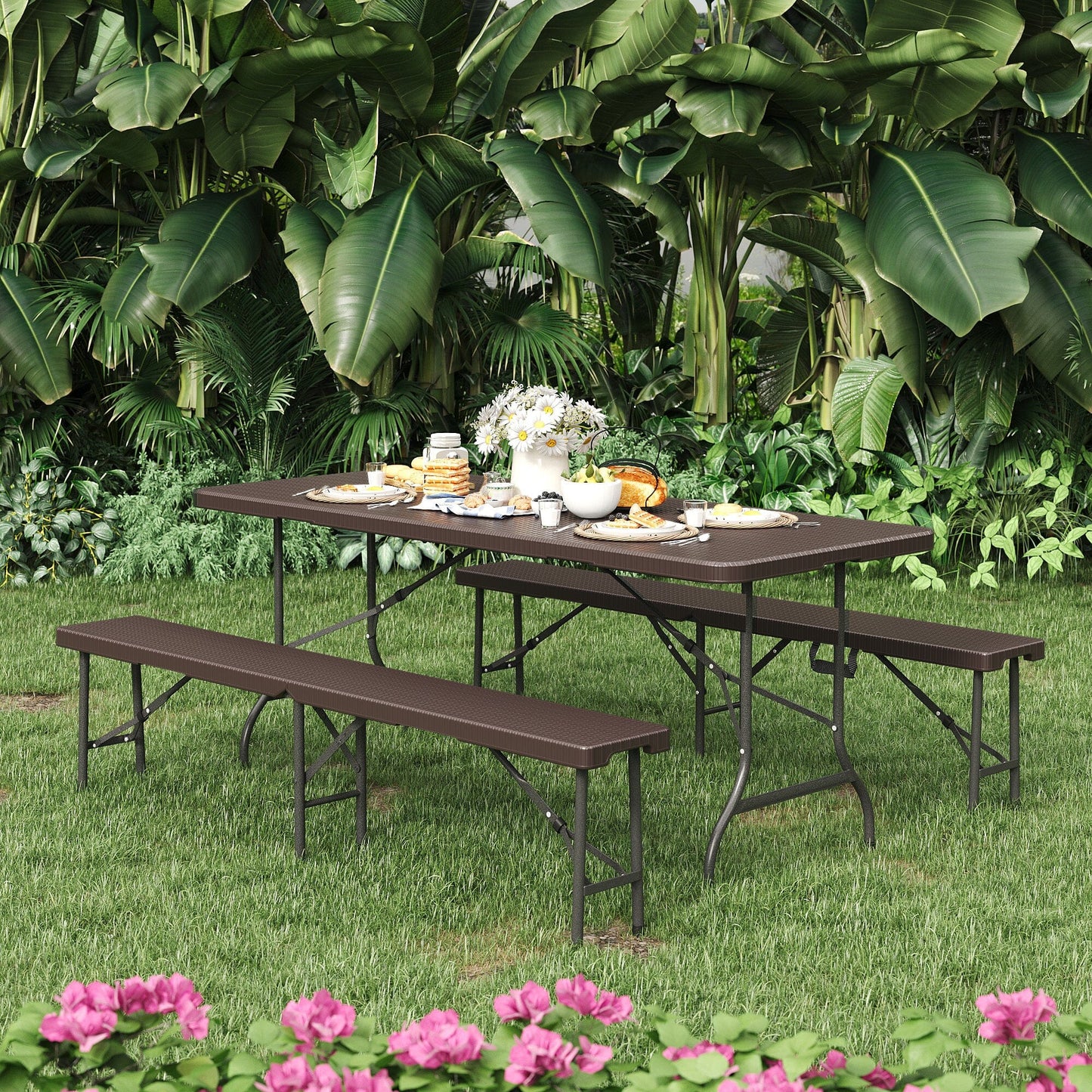 Rattan Plastic Outdoor Folding Table Bench Set Brown