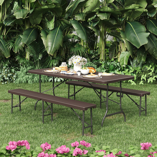 Rattan Plastic Outdoor Folding Table Bench Set Brown