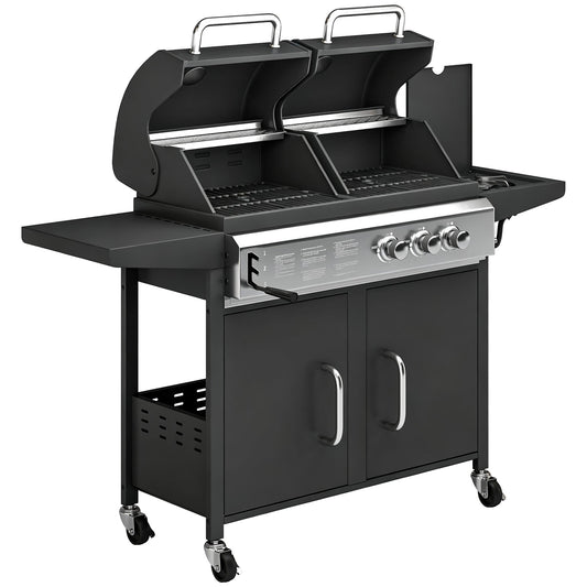 Outsunny 2+1 Burner Hybrid Dual Fuel BBQ Gas Grill in Black