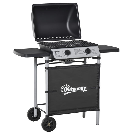 Outsunny 2 Burner Gas BBQ Trolley with Lid in Black