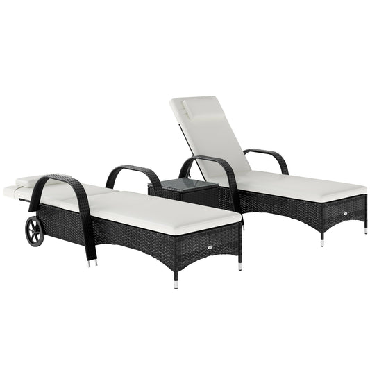 Outsunny 2 Seater Rattan Sun Lounger Set in Black