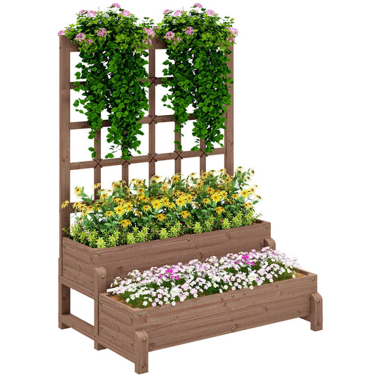 Outsunny 2-Tier Raised Garden Bed with Trellis in Brown