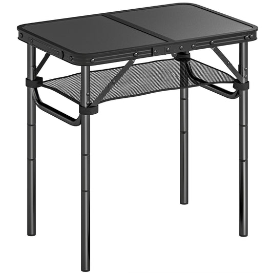 Outsunny 2ft Folding Camping Table, Picnic Table with Mesh Storage Layer, 4 Adjustable Heights and Carrying Handle, Black