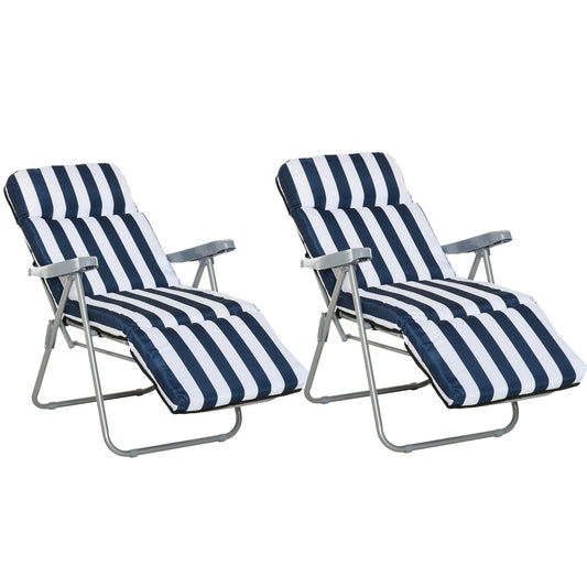 Outsunny 2Pc Folding Sun Loungers Set-Blue/White in Dark Blue and White