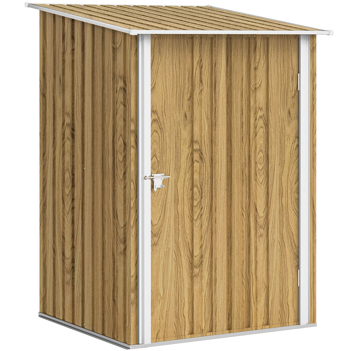Outsunny Lean To Steel Garden Shed with Locking Door in Light Brown Wood Effect and White
