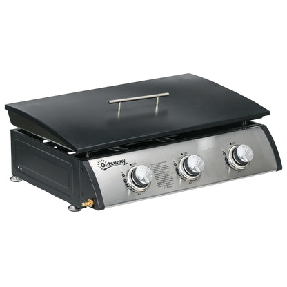 Outsunny 3 Burner Gas Plancha BBQ Grill with Lid in Black