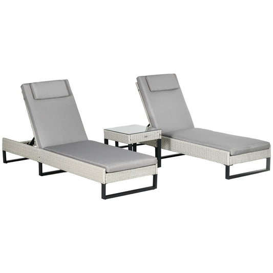Outsunny 3-piece PE Rattan Sun Lounger Set in Light Grey