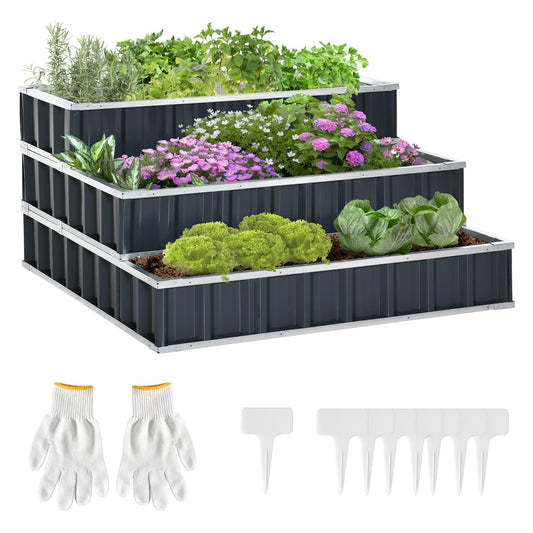 Outsunny 3 Tier Raised Garden Bed in Dark Grey