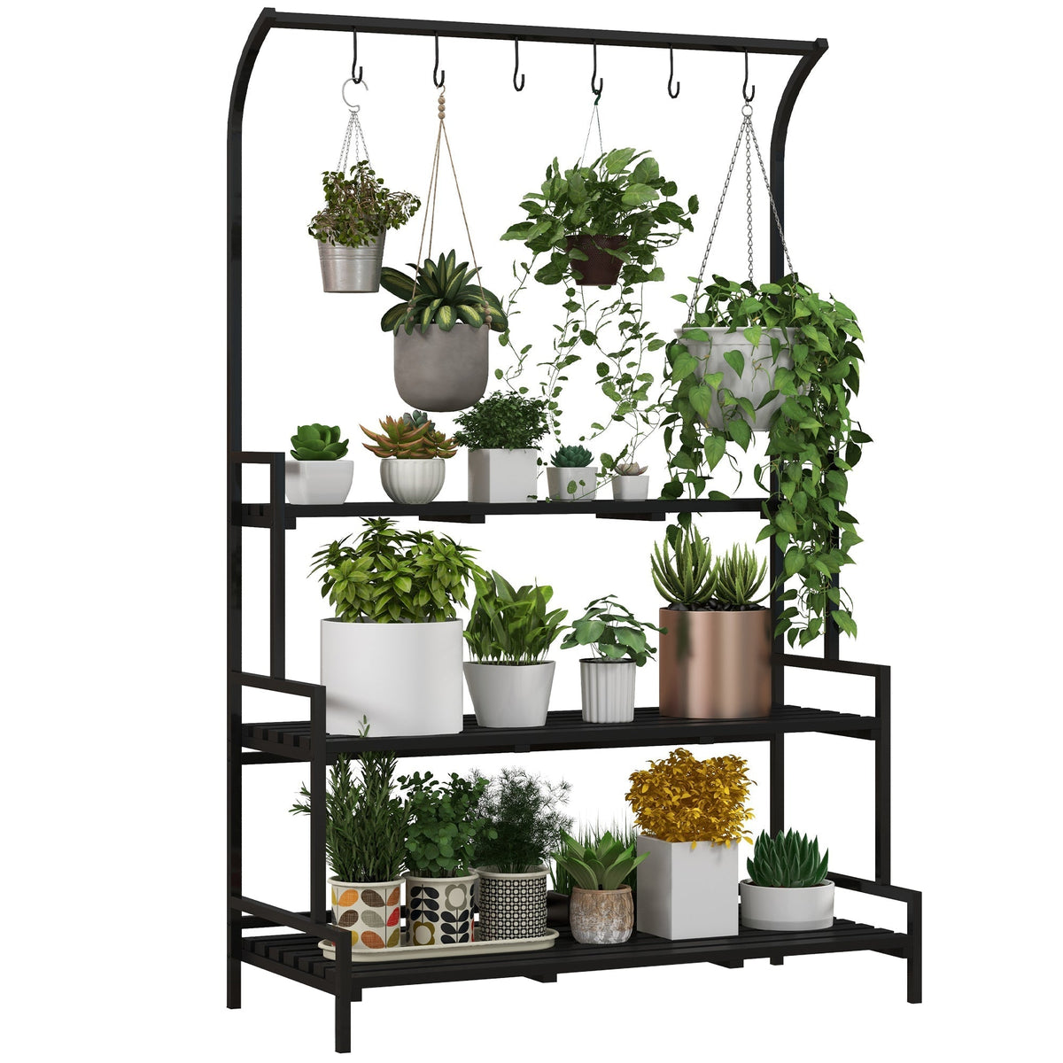 Outsunny 3 Tiered Plant Rack with Hanging Hooks in Black