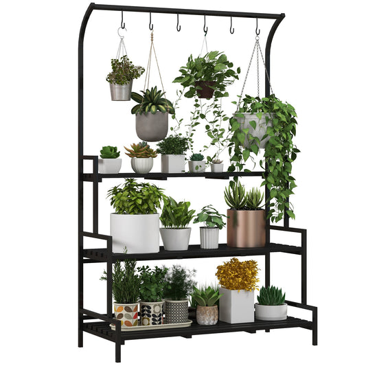 Outsunny 3 Tiered Plant Rack with Hanging Hooks in Black